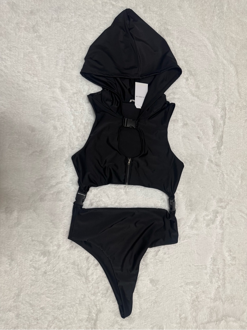 New 1x black hooded bodysuit festival rave raver cyber punk outfit top goth